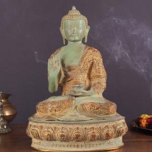 Pure Brass Buddha Statue with Engraved Life Story | 15" Height | Green Sandatine Finish | Sacred Narrative Art | Premium Collection | Jaipurio